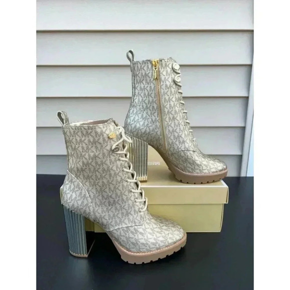 Michael Kors Porter Lace Up Boot Designer MK Signature Pale Gold - Picture 1 of 12